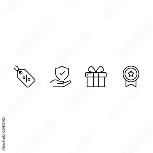 Gift Tag Icon, Shield Check Icon, Present Box Icon, and Award Ribbon Seal Icons Set on White Background