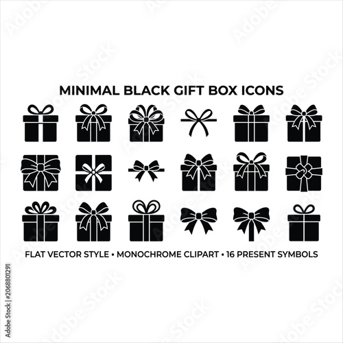 Gift Box Icons Set, Minimal Monochrome Flat Vector Clipart with Ribbon Bows for Holiday and Present Concept