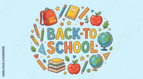 Back to school illustration with school supplies and globe