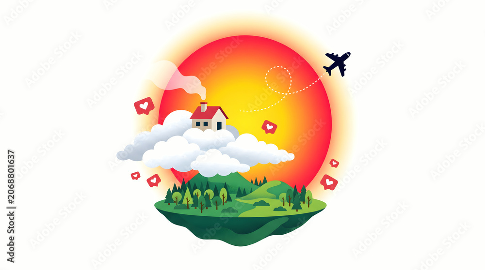 Fototapeta premium Floating island with house and plane flying by sunset