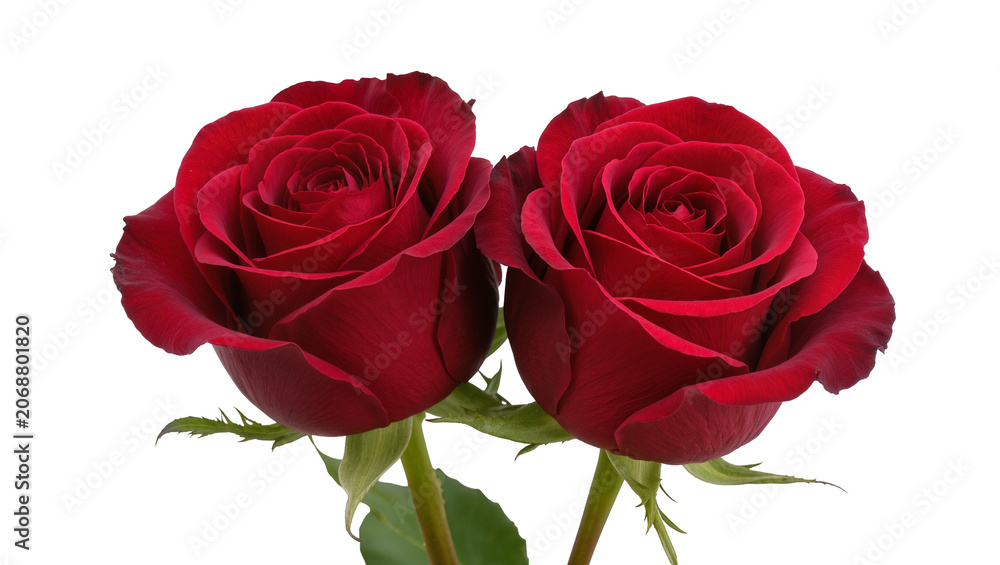 Fototapeta premium Two red roses with green stems and leaves
