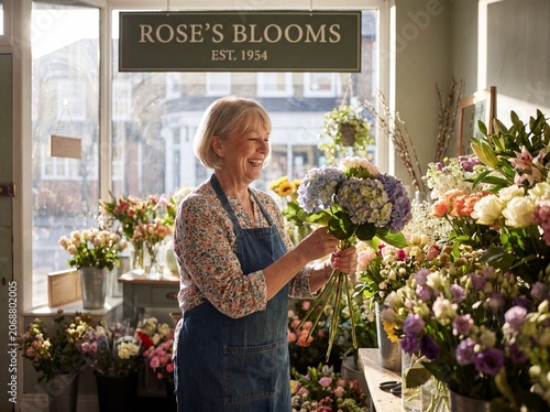 An elderly woman working in a flower shop, people passionate about their job