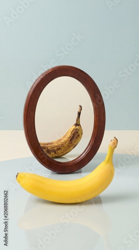 Conceptual image of reality vs self-image / a mirror reflection of a banana