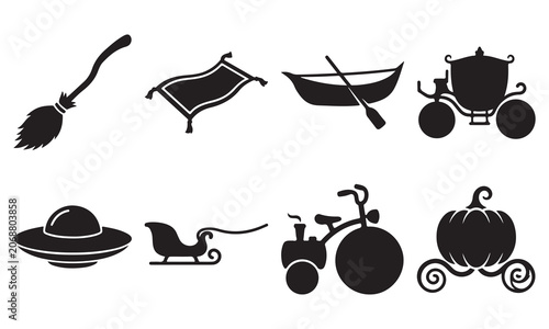 Set of black silhouettes featuring a witch broom, magic carpet, gondola boat, royal carriage, flying saucer, sleigh, tricycle, and a pumpkin carriage on a white background