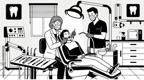 Dentist examining patient in clinic.