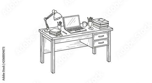 Desk with office supplies and laptop.