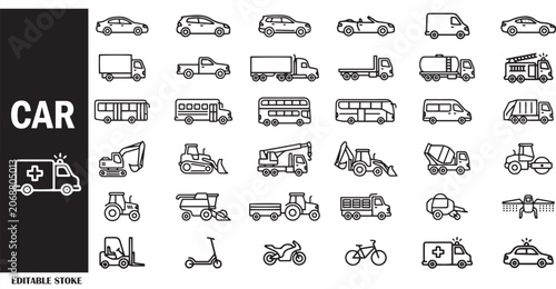 Fotografía Transportation and Vehicle Outline Icon Set Collection – Cars, Trucks, Buses, Co
