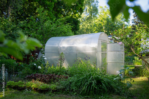 Obraz na plátně Outdoor plastic hotbed tunnel setup in a backyard vegetable garden illustrating
