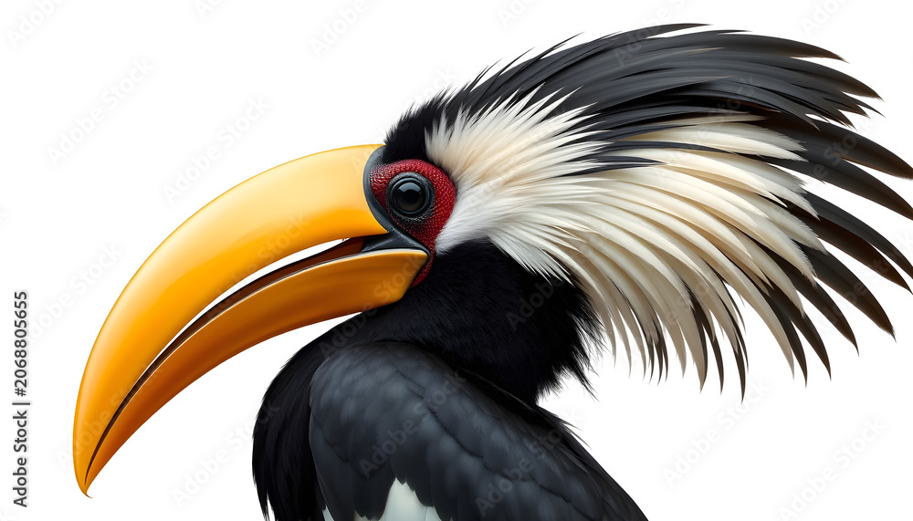 Fototapeta premium A close-up profile portrait of an exotic hornbill bird with a large yellow casque bill and a striking black and white feathery crest, white background.