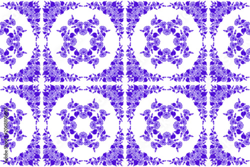 Seamless isolated tile pattern featuring morning glory and morning glory flowers in blue and purple on a white background. Vector illustration.