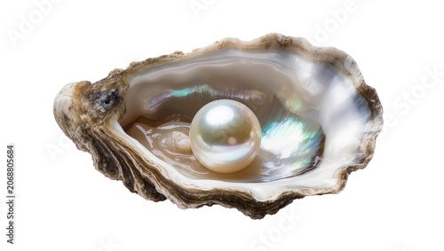 Foto Single lustrous pearl inside oyster shell with iridescent nacre