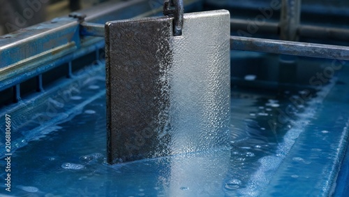 Iron plate in a blue bath with a shiny silver coating forming.