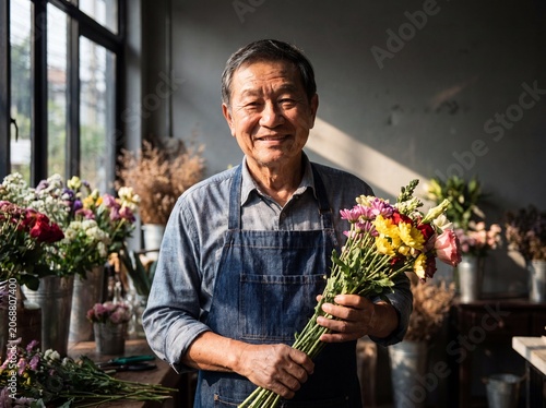 An elderly Asian man working in a flower shop, people passionate about their job