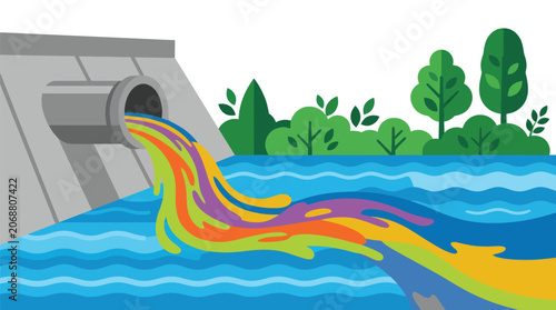 Canvas-taulu Colorful liquid flows from a pipe into a body of water with green foliage in the