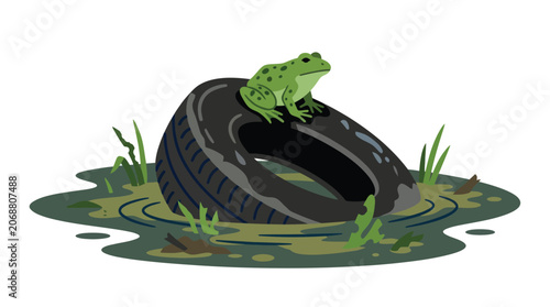 фотографія A green amphibian rests on a discarded tire in murky water