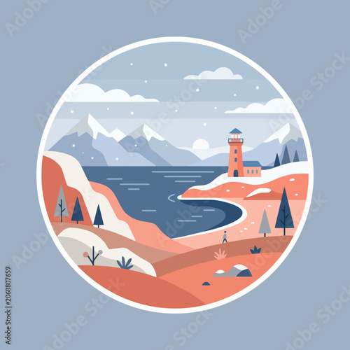 Foto A serene winter lighthouse landscape in a circular frame