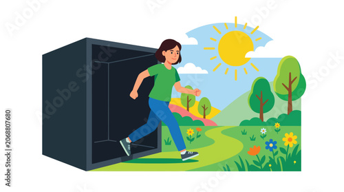 Canvastavla A person emerges from a dark enclosure into a bright, sunny outdoor environment