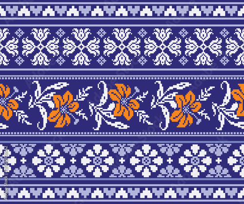 A variety of decorative floral patterns on a blue background, arranged in a seamless horizontal geometric layout; designed for fabrics, clothing, and decorative backgrounds.
