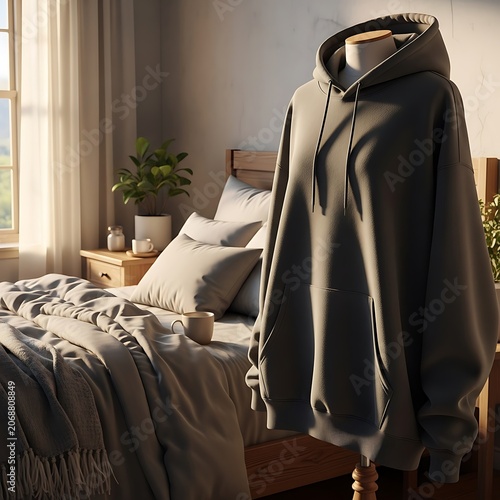 Black leather handbag on modern bed with blanket.