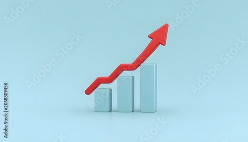 3D business growth chart with ascending blue bars and a bold red upward arrow on a pastel blue background. Modern financial success illustration representing revenue growth, investment, profit.