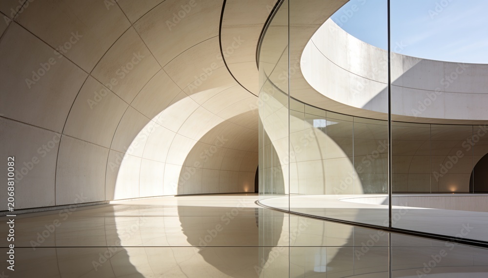 Obraz premium Showcasing curved glass partition and concrete wall in atrium, with circular skylight