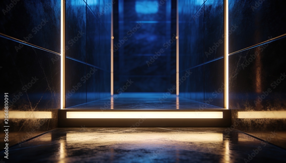 Fototapeta premium Glowing entry casting warmth on marble hall, recessed LED step and LED strips framing blue portal
