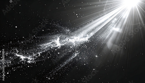 Black and white abstract background with sparkling particle stream and bright lens flare, celestial dust, stardust, cosmic energy effect