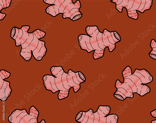 Doodle Red Ginger Pattern. Ginger Root seamless pattern. Hand Drawn Botanical Rhizome Illustration. Vintage Monochrome Spice Doodle. Repeating Culinary Ingredient Background.