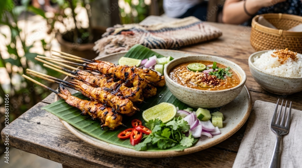 Obraz premium Delicious grilled prawn skewers with peanut sauce and fresh rice served outdoors