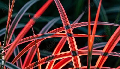 Showing overlapping banded leaf blades glowing in garden, with striped green and red-orange bands