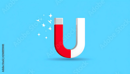 3d icon of a red and white horseshoe magnet with sparkles on a light blue background