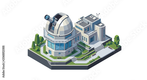 3D Isometric Astronomical Observatory with Telescope Dome, Scientific Research Facility Illustration