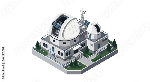 3D Isometric Astronomical Observatory with Telescope Dome, Scientific Research Facility Illustration