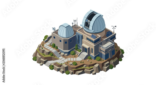 3D Isometric Astronomical Observatory with Telescope Dome, Scientific Research Facility Illustration