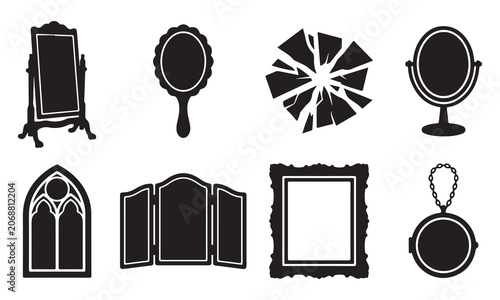 Fotografie Set of eight black silhouette showing various types of mirrors, including a floo