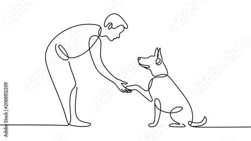Schilderij op canvas Continuous one line drawing of person shaking paw with pet dog, minimalist outl