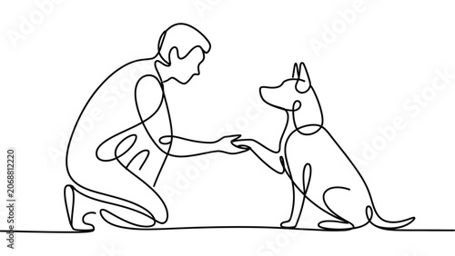 Schilderij op canvas Continuous one line drawing of person training and bonding with pet dog, minima