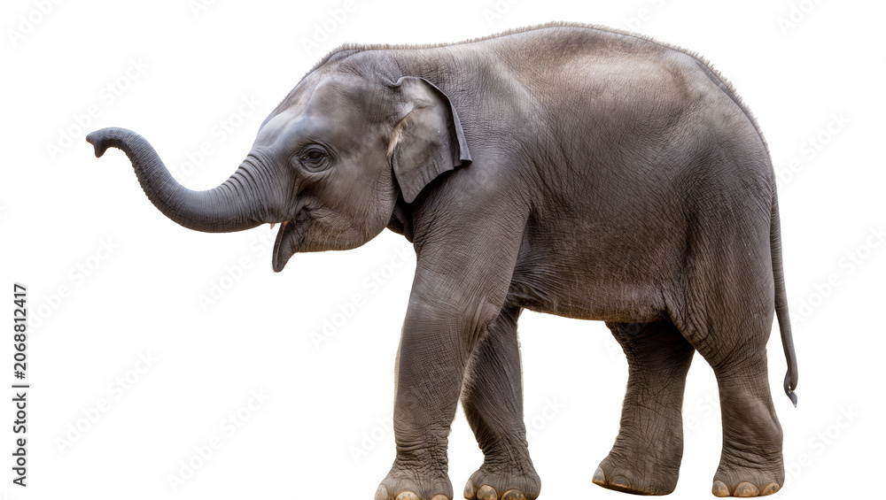 Fototapeta premium Young elephant with trunk raised, isolated on transparent background
