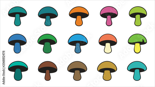 Colorful Mushroom Vector Icon Set – Collection of 15 Minimalist Multi-Colored Fungus Graphic Elements Isolated on White Background