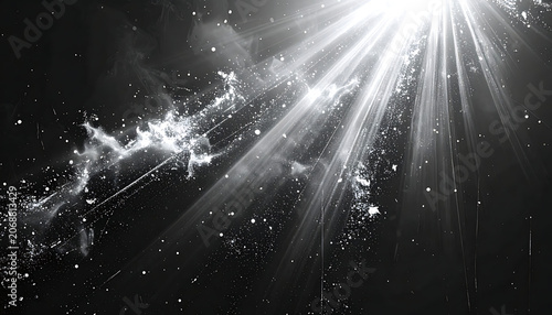 Abstract black and white light rays with glowing particles, shimmering dust overlay for cinematic effects and moody compositions