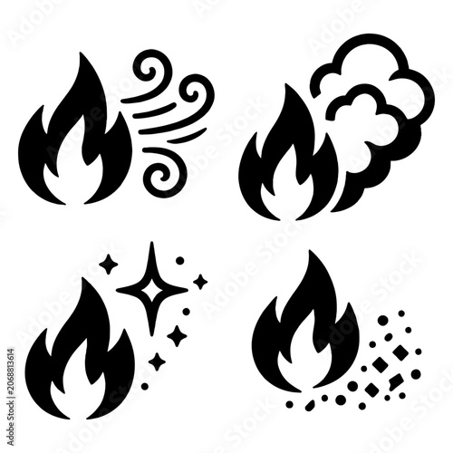 Fire and Weather Icon Set Black Glyph Silhouette Symbols Wildfire Flame Smoke Wind Sparks Ash Disaster Infographic Signs Nature Hazard Vector Graphic Collection Isolated on White Background