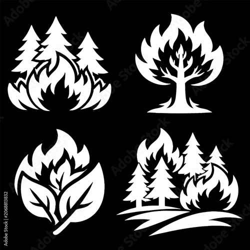 Forest Fire Icon Set White Glyph Silhouette Symbols Wildfire Burning Trees Leaves Disaster Flame Infographic Signs Nature Hazard Vector Graphic Collection Isolated on Black Background