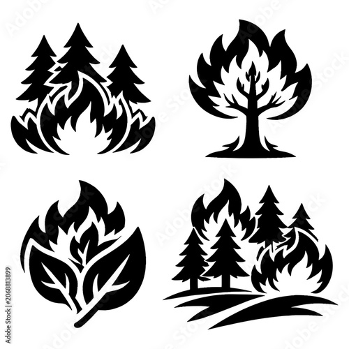 Forest Fire Icon Set Black Glyph Silhouette Symbols Wildfire Burning Trees Leaves Disaster Flame Infographic Signs Nature Hazard Vector Graphic Collection Isolated on White Background