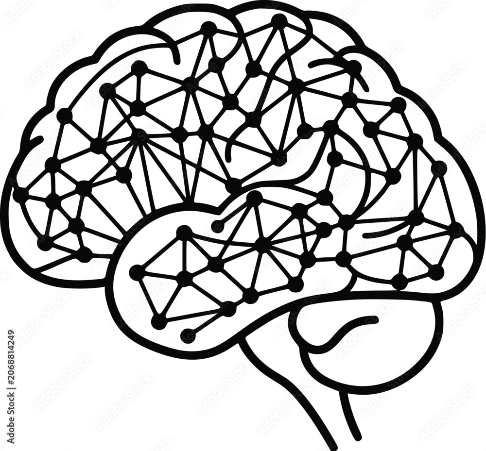 Obraz premium Artificial Intelligence Brain with Neural Network Connections Outline Vector Icon