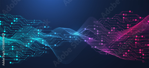 Modern technology circuit board texture background design. Quantum computer technology concept. Futuristic blue circuit board system background. Motherboard vector illustration.