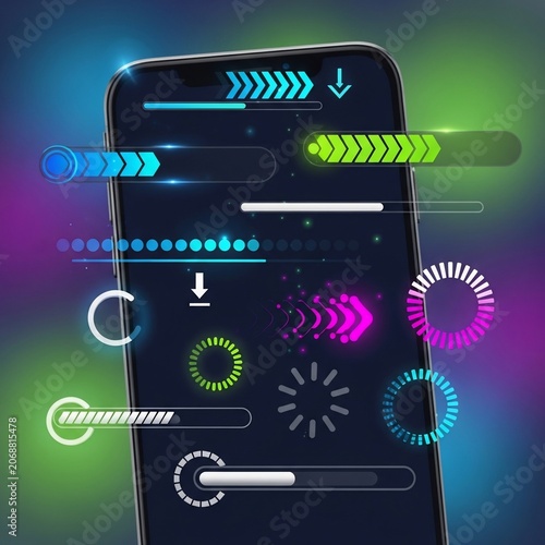 Smartphone Displaying Digital Progress Indicators and Loading Bars.
