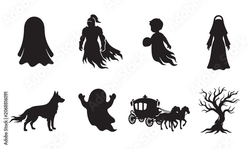 Schilderij op canvas Spooky halloween-themed silhouettes featuring a ghost, a knight, a child, a nun,