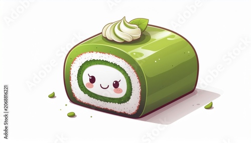 A cute cartoon sushi roll with a smiling face sits on a surface with scattered pieces of green food
