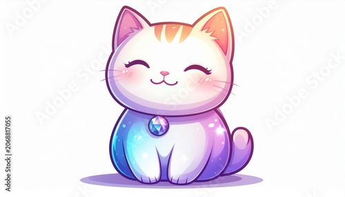 A cute cartoon cat with a gemstone collar sits smiling sweetly outdoors in a playful environment.