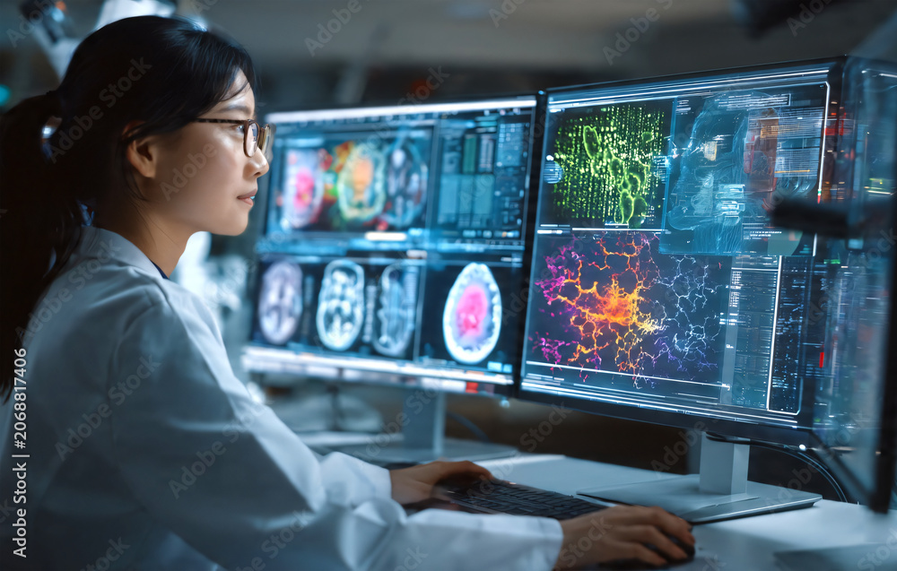 Fototapeta premium Asian female scientist operating a high-tech multi-monitor workstation inside a futuristic clinical laboratory, analyzing MRI scans, neural network visualizations, molecular cell structures.